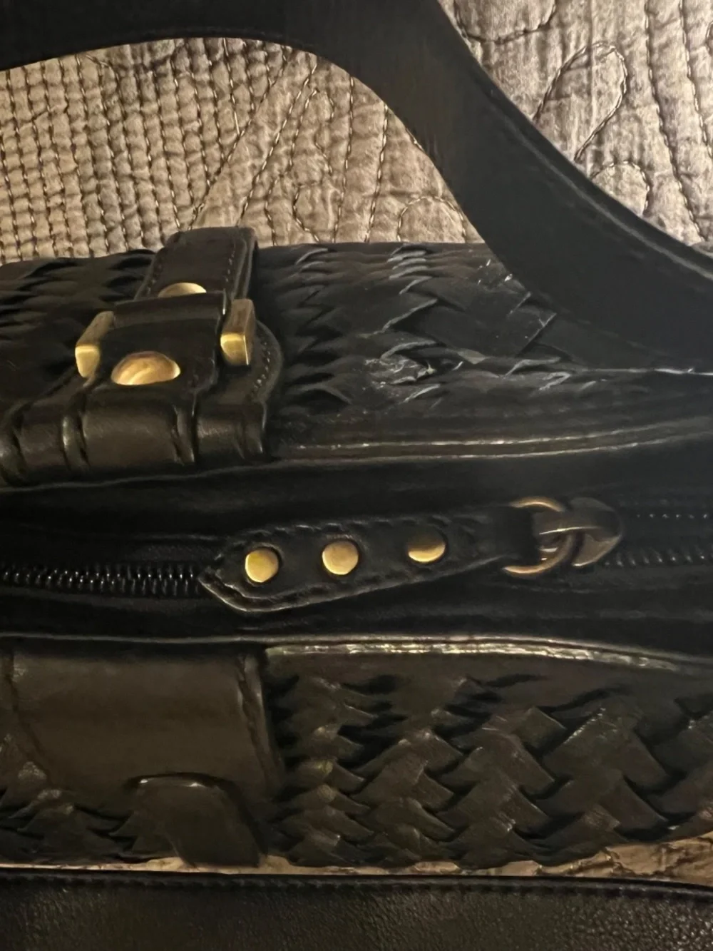 Cole Haan Village Weave Black Pebbled Leather Bag with Antiqued Brassy Trim